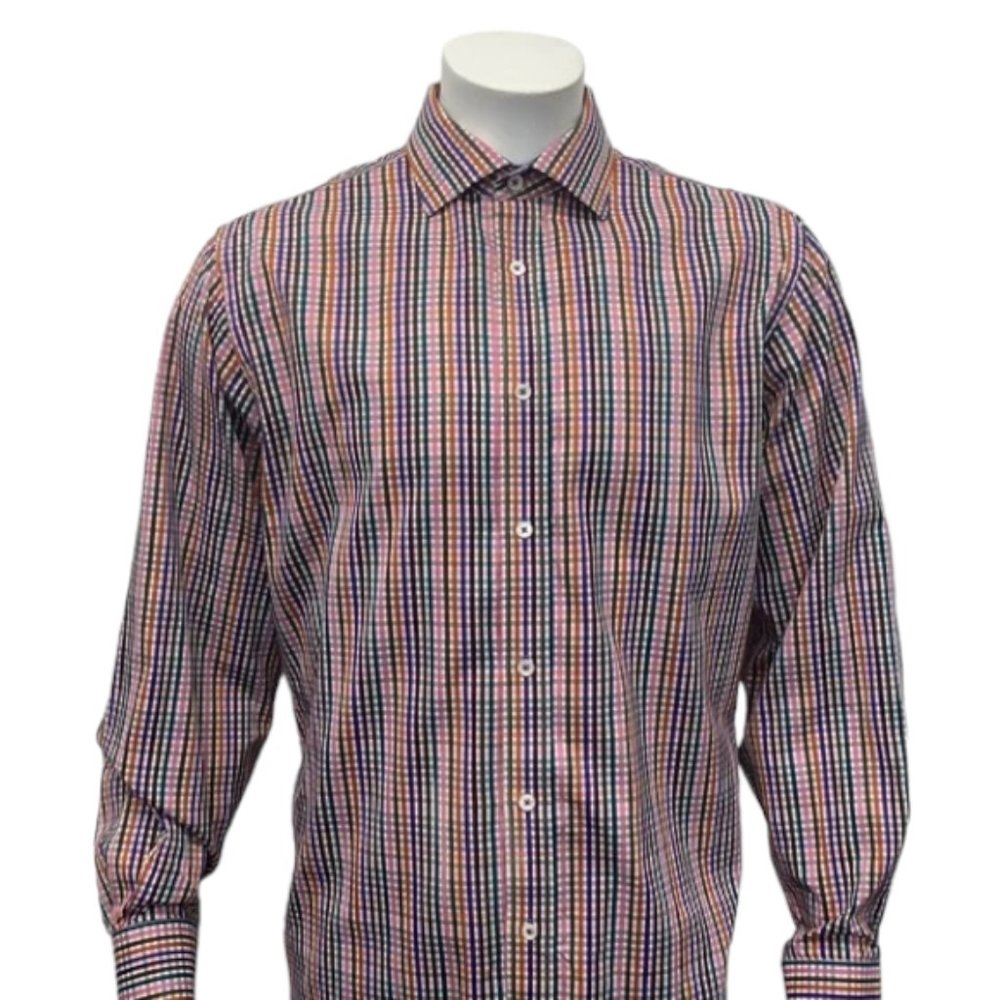 Bugatchi Uomo Colorful Rainbow Multi Color Striped Long Sleeve Dress Shirt LG